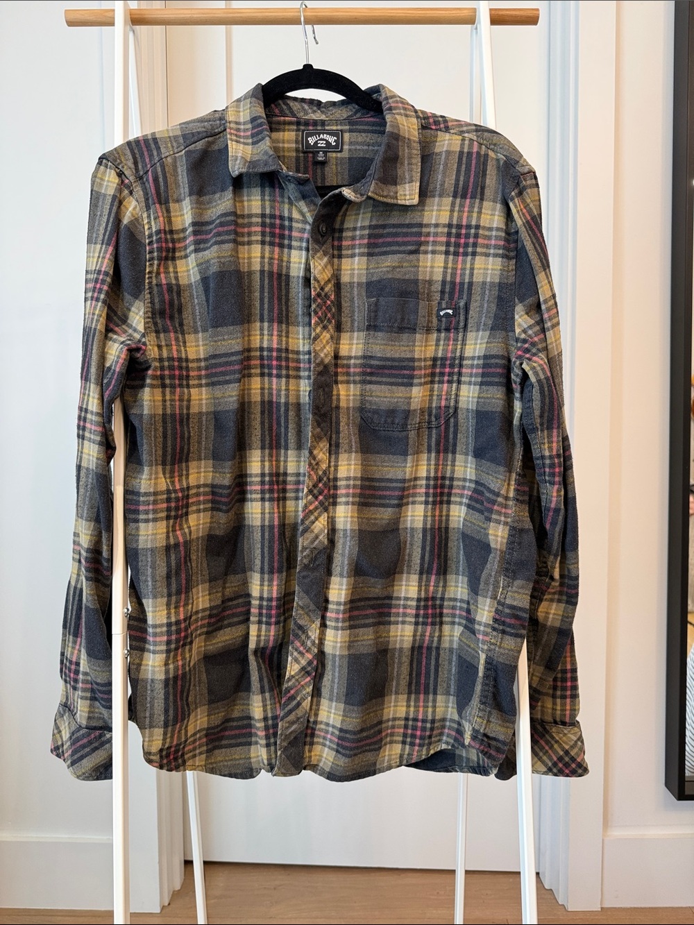 Billabong Plaid Button-Down Shirt in Grey, Yellow, Pink
